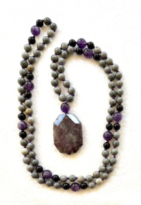 Coffee Jasper, Amethyst and Onyx Accents, Amethyst Guru, Ruby Tourmaline Pendant Mala