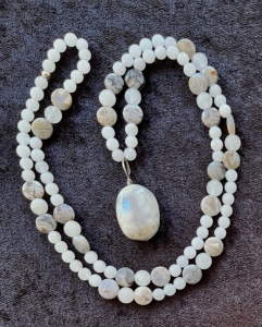 White Jade, Sagelite Accents, Blossom Agate with Inclusions Pendant Mala