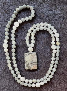 Cloudy Quartz, Rock Quartz, Moonstone, Mother of Pearl, Moonstone Guru, Ocean Jasper Pendant Mala