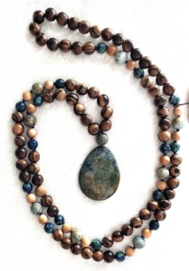 Wood, Sandalwood, Azurite & African Turquoise Accents, Jasper Pendant Mala