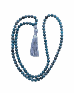 Apatite, Howlite Guru, Light Grey Tassel Tibetan Mala