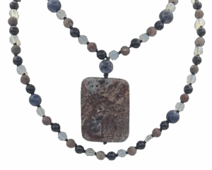 Emerald Forest Mala- Blue Goldstone, Opalite & Azurite Accents, Opalite Guru, Apatite Pendant