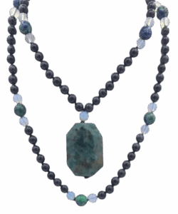 Emerald Forest Mala- Blue Goldstone, Opalite & Azurite Accents, Opalite Guru, Apatite Pendant