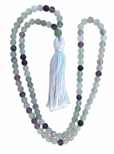 Fluorite, Green Aventurine Guru, White Tassel Tibetan Mala