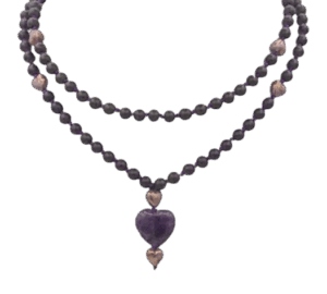 Hematite, Ceramic Heart Accents, Amethyst Pendant