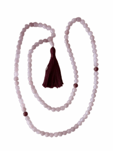 Rose Quartz, Rhodolite Spacers, Rose Quartz Guru, Dark Lavender Tassel Tibetan Mala