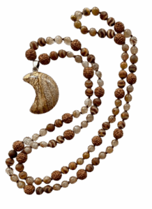 Tibetan Agate, Rutile Quartz, Rudraksha, Jasper Moon Pendant