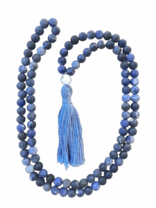 Sodalite, Moonstone Guru, Light Blue Tassel Tibetan Mala