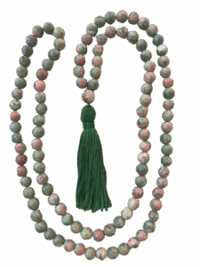 Unakite, Jasper Guru, Forest Green Tassel Tibetan Mala