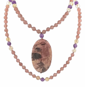 Strawberry Quartz, Amethyst & Citrine Accents, Amethyst Guru, Petrified Palm Pendant