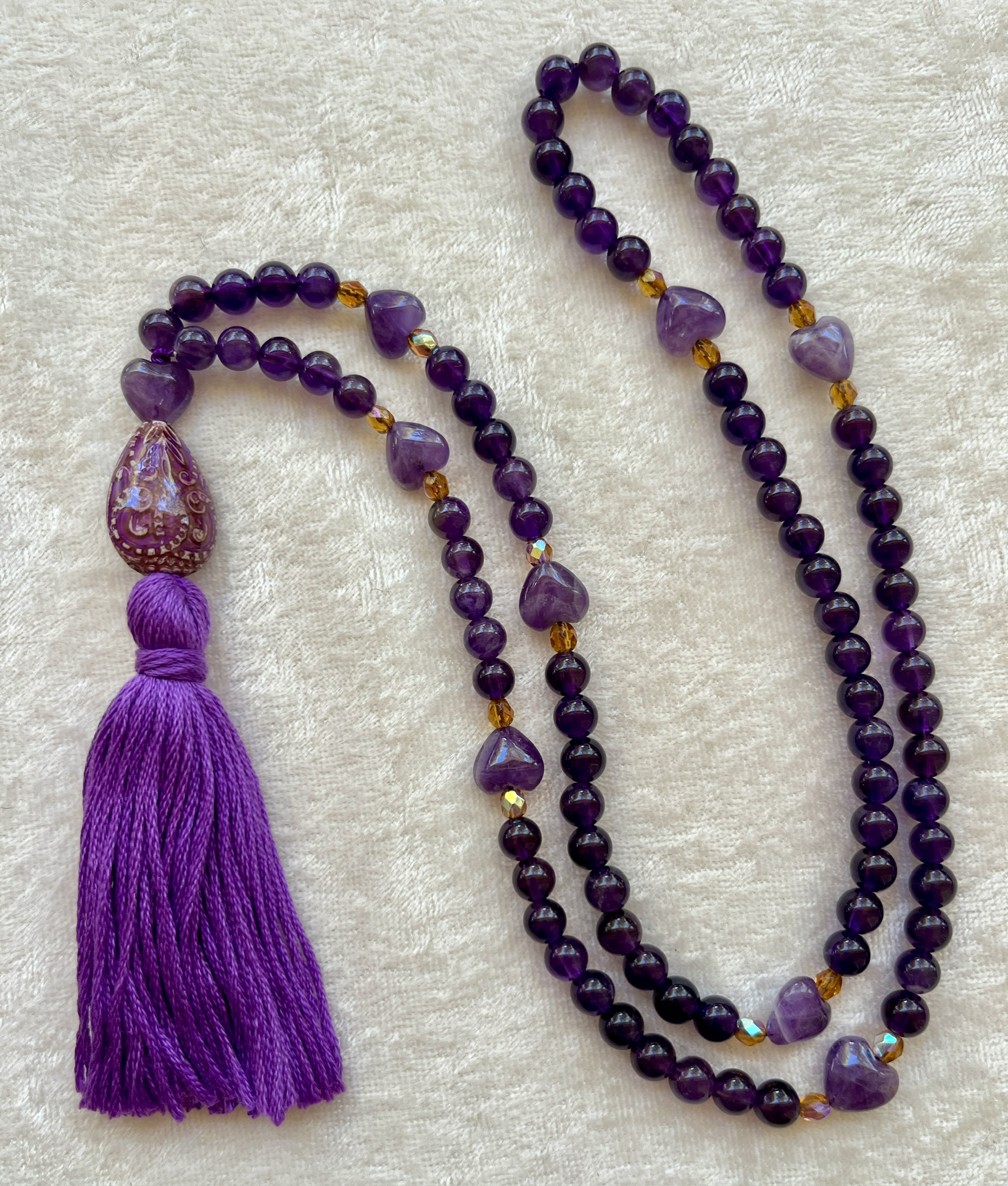 Amethyst, Amethyst Heart & Czech Glass Accents, Amethyst Heart & “Fancy Flame” Mirage Gurus, Purple Tassel Amethyst, Amethyst Heart & Czech Glass Accents, Amethyst Heart & "Fancy Flame" Mirage Gurus, Purple Tassel