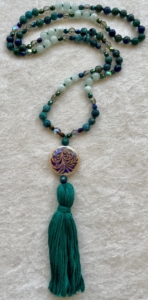 Angelite, Azurite, Jasper, Czech Glass Accents, "Fountain Fern" Mirage Guru, Teal Tassel