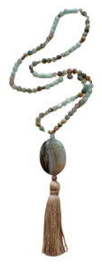 Aquamarine, Pink Tourmaline, Peruvian Amazonite, (Mixed Gemstones) Angelite, Grey Agate, Agate Pendant, Beige Tassel