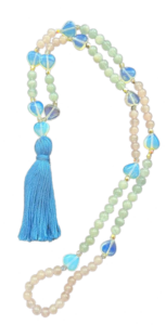 Aquamarine, Rose Quartz, Fire Opal Heart Accents & Guru, Light Blue Tassel