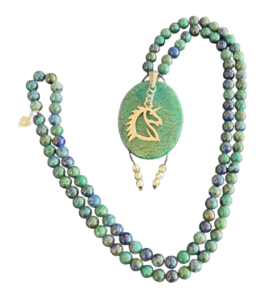 Azurite, Chrysocolla Pendant, Unicorn Charm, Silver Ball Tassels