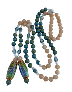 Kiwi Lapis, Sunstone, Terra Jasper, Multi-Colored Disc Accents, "Fleur-De-Lis" Mirage Guru, Teal Tassel