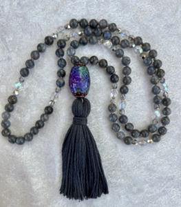 Labradorite, Czech Glass Accents, "Persian Beauty" Mirage Guru, Dark Grey Tassel