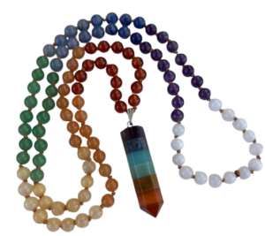 Chakra Mala: Carnelian, Aventurine, Amethyst, Jade, Crystal Quartz Pendant