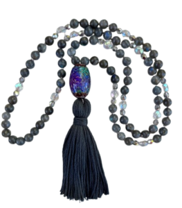 Labradorite, Czech Glass Accents, "Persian Beauty" Mirage Guru, Dark Grey Tassel