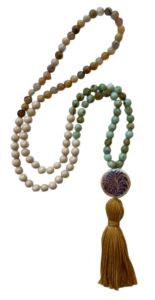 Mongolian Opal, Fossil Jasper, Bamboo Agate, Fountain Fern Mirage Guru, Gold Tassel