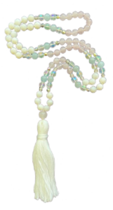 Rose Quartz, Moonstone, Aquamarine + Aurora & Clear Sparkle Accents, Rose Quartz Guru, White Tassel