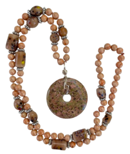 Sunstone, Indian Glass & SIlver Flower Accents, Unakite Wrapped Pendant