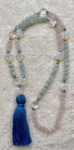 Aquamarine, Rose Quartz, Fire Opal Heart Accents & Guru, Light Blue Tassel Aquamarine, Rose Quartz, Fire Opal Heart Accents & Guru, Light Blue Tassel