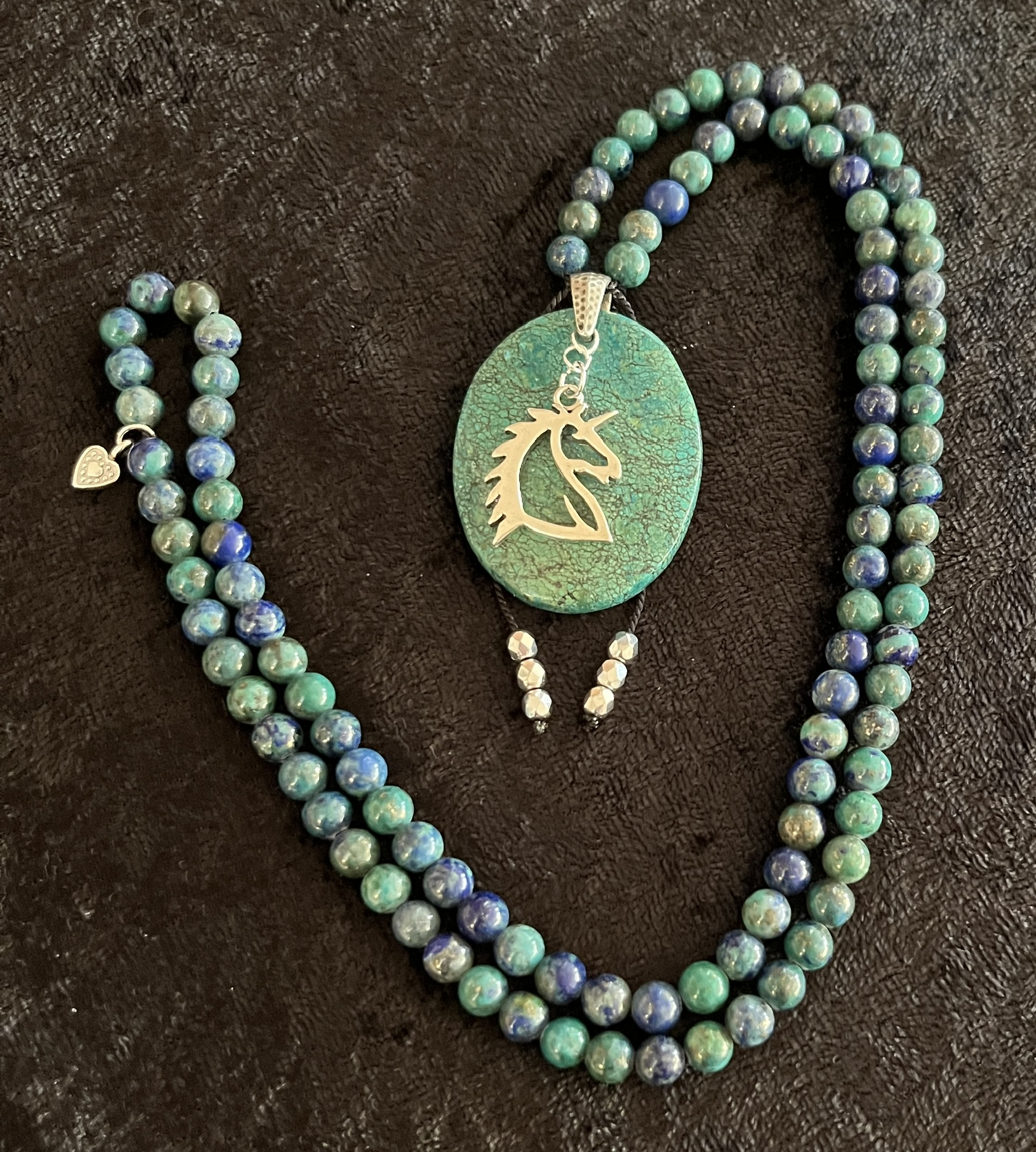 Azurite, Chrysocolla Pendant, Unicorn Charm, Silver Ball Tassels Azurite, Chrysocolla Pendant, Unicorn Charm, Silver Ball Tassels