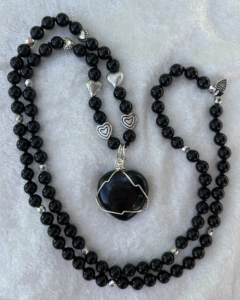 “Nour” Black Obsidian Mala with Heart Pendant "Nour" Obsidian, Silver Heart Accents, Obsidian Heart Pendant