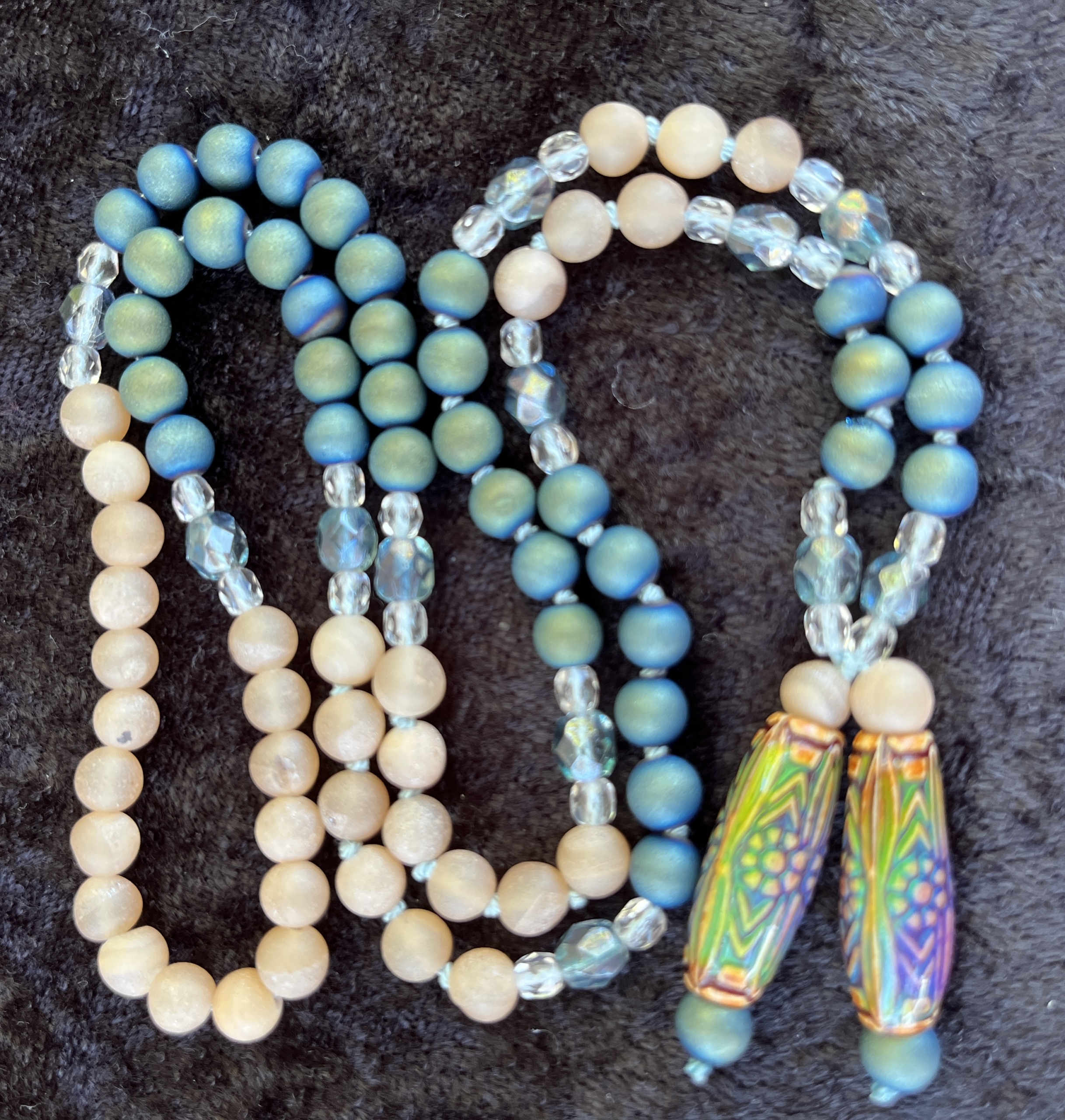 Blue & Beige Druzy, Czech Glass Faceted Oval Accents, “Daisy Ray” Mirage Pendants Blue & Beige Druzy, Czech Glass Faceted Oval Accents, "Daisy Ray" Mirage Pendants