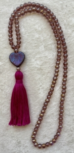 Violet Topaz, Czech Glass Heart Guru, Magenta Tassel