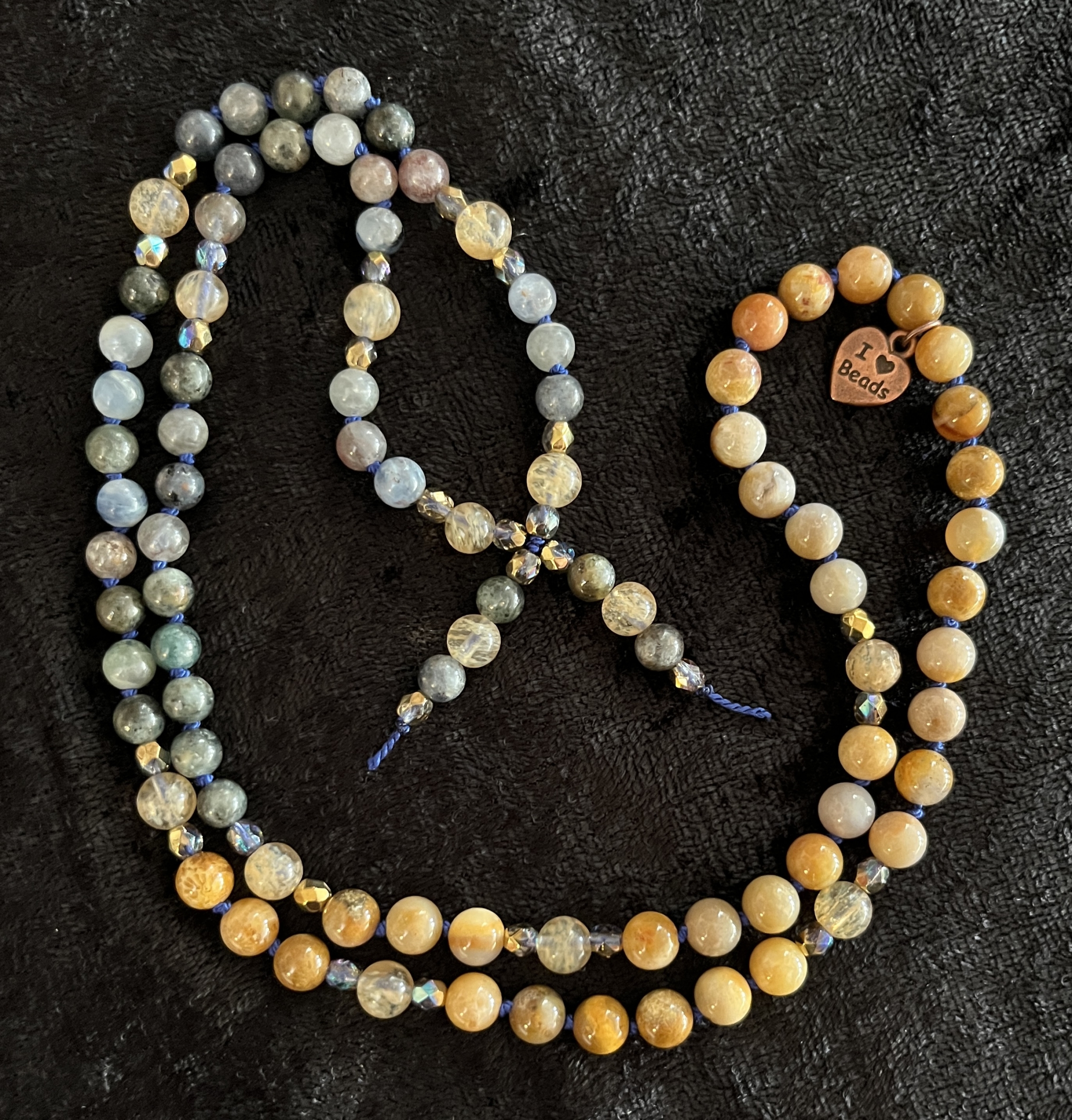 Kyanite, Champagne Quartz, Fossil Coral, Bead Tassels Kyanite, Champagne Quartz, Fossil Coral, Bead Tassels