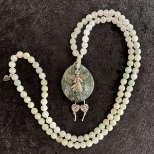 Moonstone, Blue Green Aquamarine, Seraphinite Pendant, Angel & Heart Charms Moonstone, Blue Green Aquamarine, Seraphinite Pendant, Angel & Heart Charms
