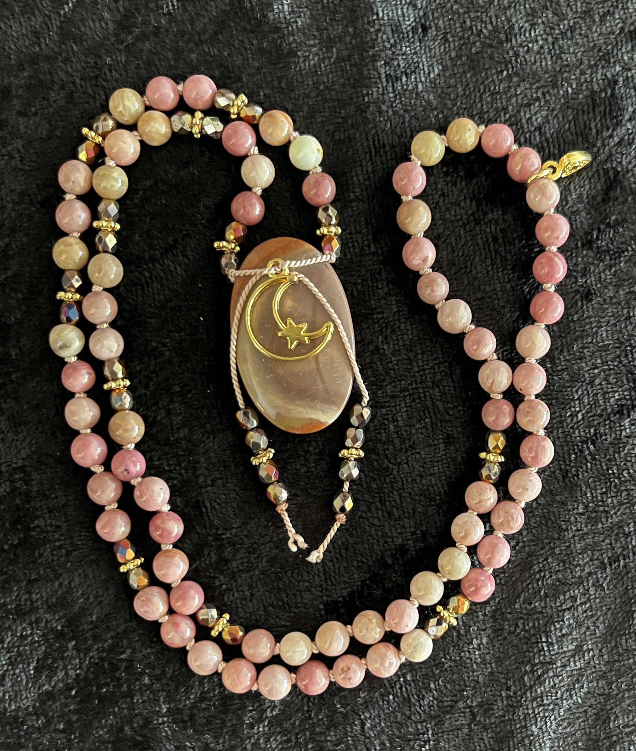 Petrified Rhodonite, Flower Accents, Polychrome Landscape Ocean Jasper Pendant, Moon Star Charm, Gold & Flower Tassels 1