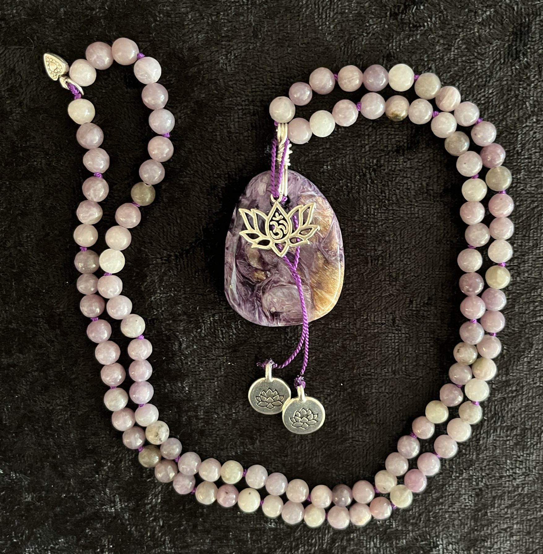 Pink Tourmaline, Charoite Pendant, Lotus Flower Charms