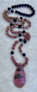 Rhodonite, Kiwi Jasper, Silver Oval Accents, Pink Rhodonite in Quartz Pendant