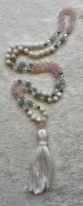 Rose Quartz, Moonstone, Aquamarine + Aurora & Clear Sparkle Accents, Rose Quartz Guru, White Tassel