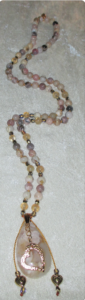 Pink Opal, Champagne Quartz & Faceted Accents, Cherry Blossom Agate Pendant, Gold Heart Charm, Heart & Faceted Tassels Pink Opal, Champagne Quartz & Faceted Accents, Cherry Blossom Agate Pendant, Gold Heart Charm, Heart & Faceted Tassels