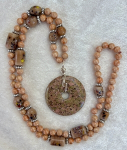 Sunstone, Indian Glass & SIlver Flower Accents, Unakite Wrapped Pendant